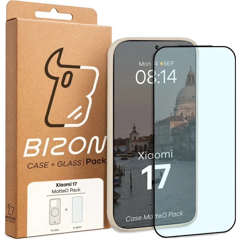 Etui z pierścieniem magnetycznym + szkło hartowane Bizon MatteO Pack do Xiaomi 17, przydymione-beżowe