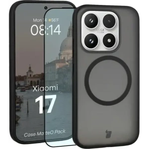 Etui z pierścieniem magnetycznym + szkło hartowane Bizon MatteO Pack do Xiaomi 17, przydymione-czarne