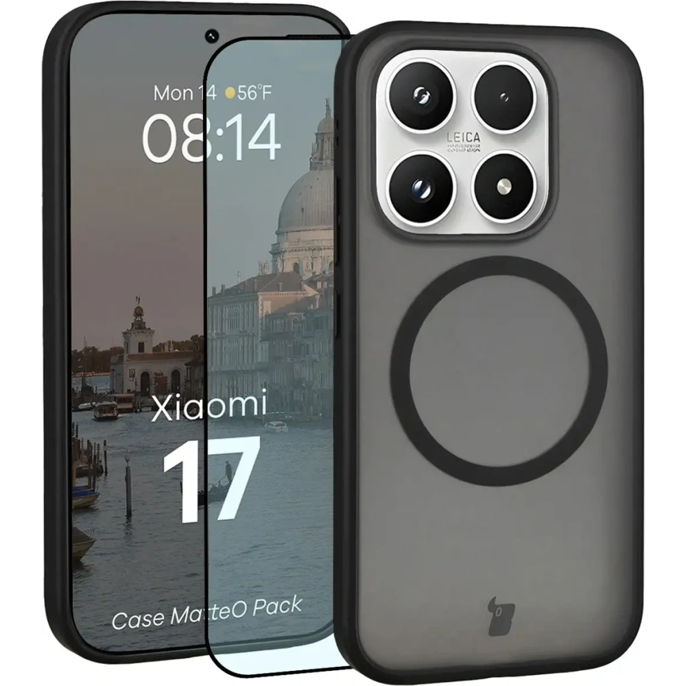 Etui z pierścieniem magnetycznym + szkło hartowane Bizon MatteO Pack do Xiaomi 17, przydymione-czarne
