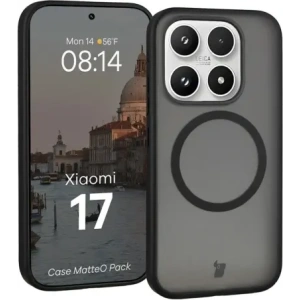 Etui z pierścieniem magnetycznym + szkło hartowane Bizon MatteO Pack do Xiaomi 17, przydymione-czarne
