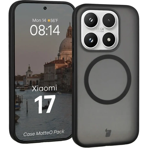 Etui z pierścieniem magnetycznym + szkło hartowane Bizon MatteO Pack do Xiaomi 17, przydymione-czarne