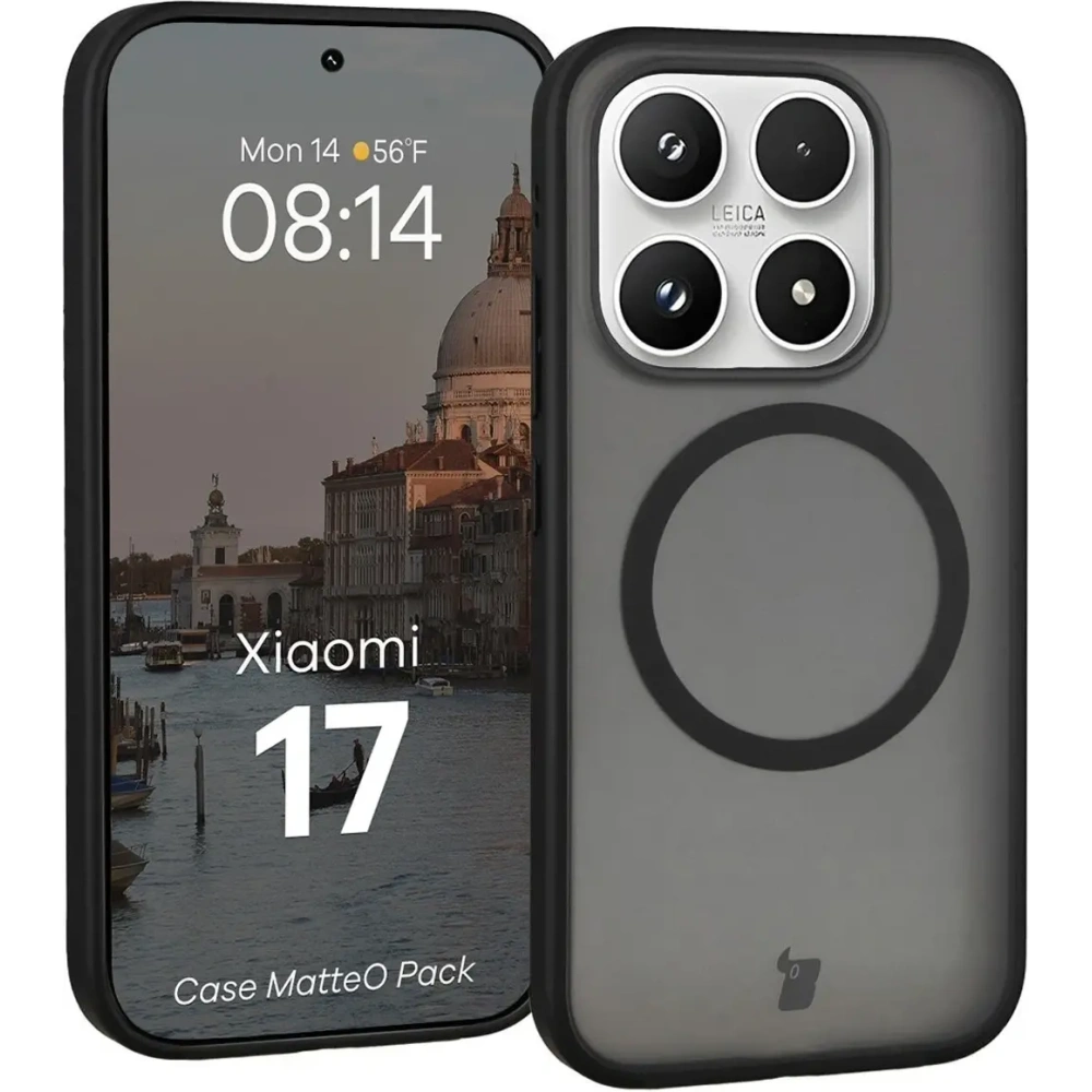 Etui z pierścieniem magnetycznym + szkło hartowane Bizon MatteO Pack do Xiaomi 17, przydymione-czarne