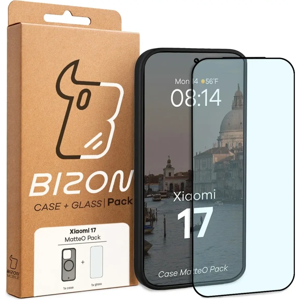Etui z pierścieniem magnetycznym + szkło hartowane Bizon MatteO Pack do Xiaomi 17, przydymione-czarne