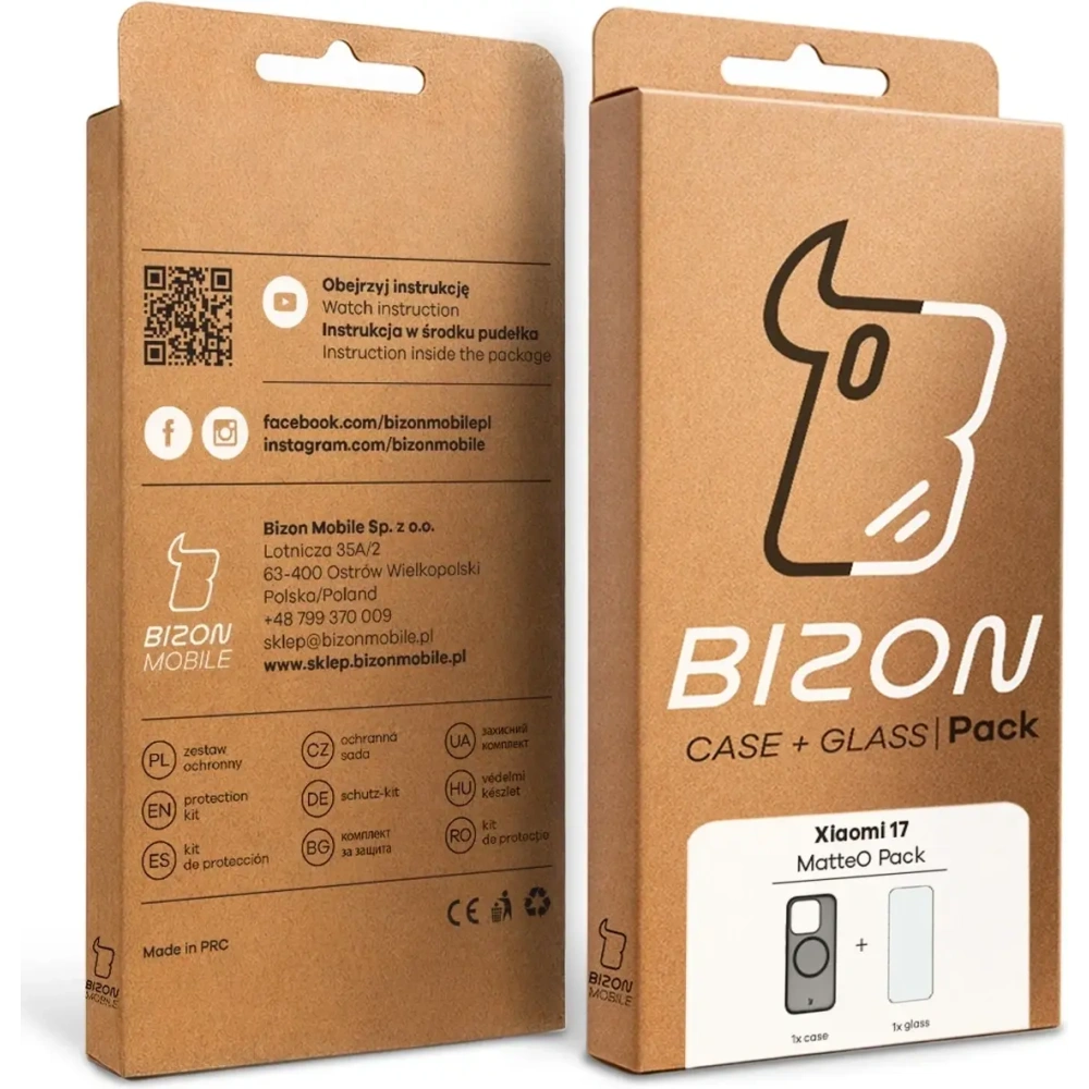 Etui z pierścieniem magnetycznym + szkło hartowane Bizon MatteO Pack do Xiaomi 17, przydymione-czarne