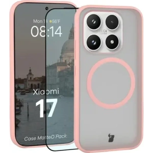 Etui z pierścieniem magnetycznym + szkło hartowane Bizon MatteO Pack do Xiaomi 17, przydymione-jasnoróżowe