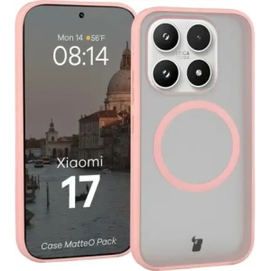 Etui z pierścieniem magnetycznym + szkło hartowane Bizon MatteO Pack do Xiaomi 17, przydymione-jasnoróżowe