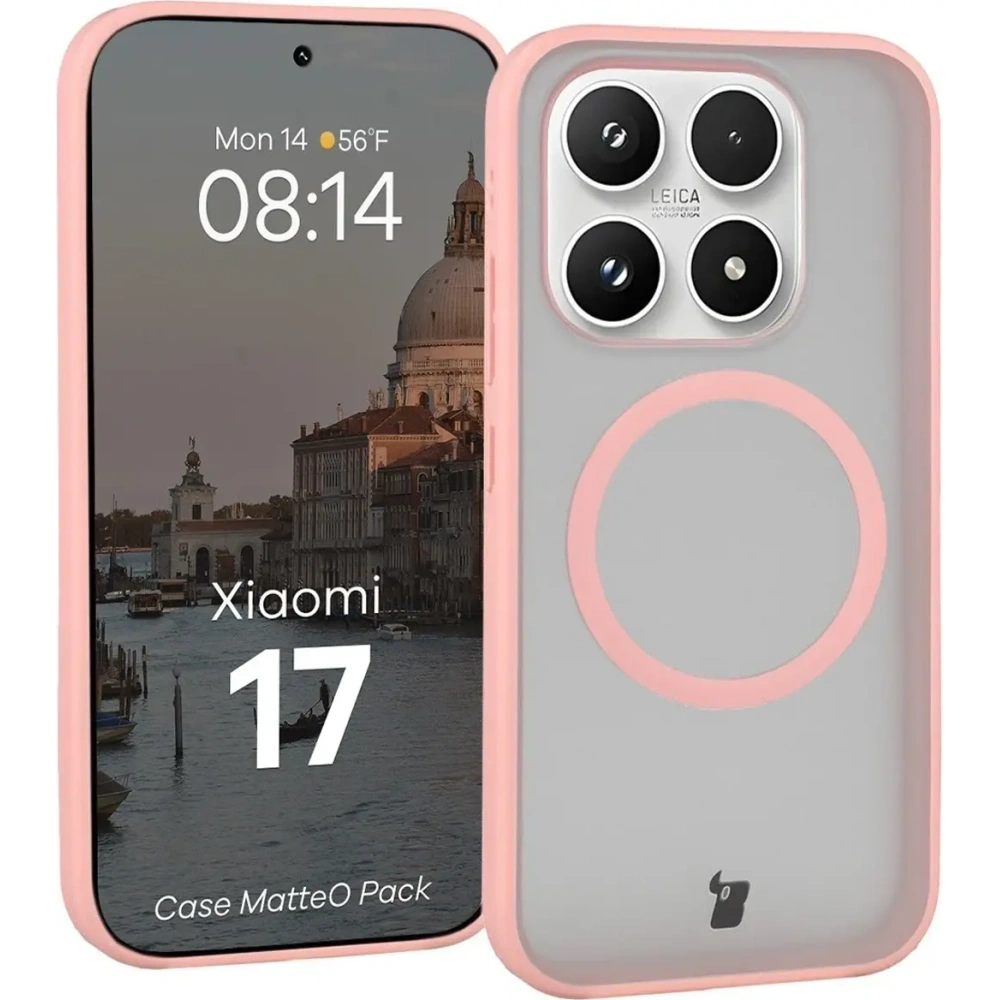 Etui z pierścieniem magnetycznym + szkło hartowane Bizon MatteO Pack do Xiaomi 17, przydymione-jasnoróżowe