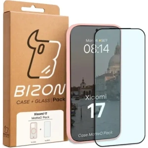 Etui z pierścieniem magnetycznym + szkło hartowane Bizon MatteO Pack do Xiaomi 17, przydymione-jasnoróżowe