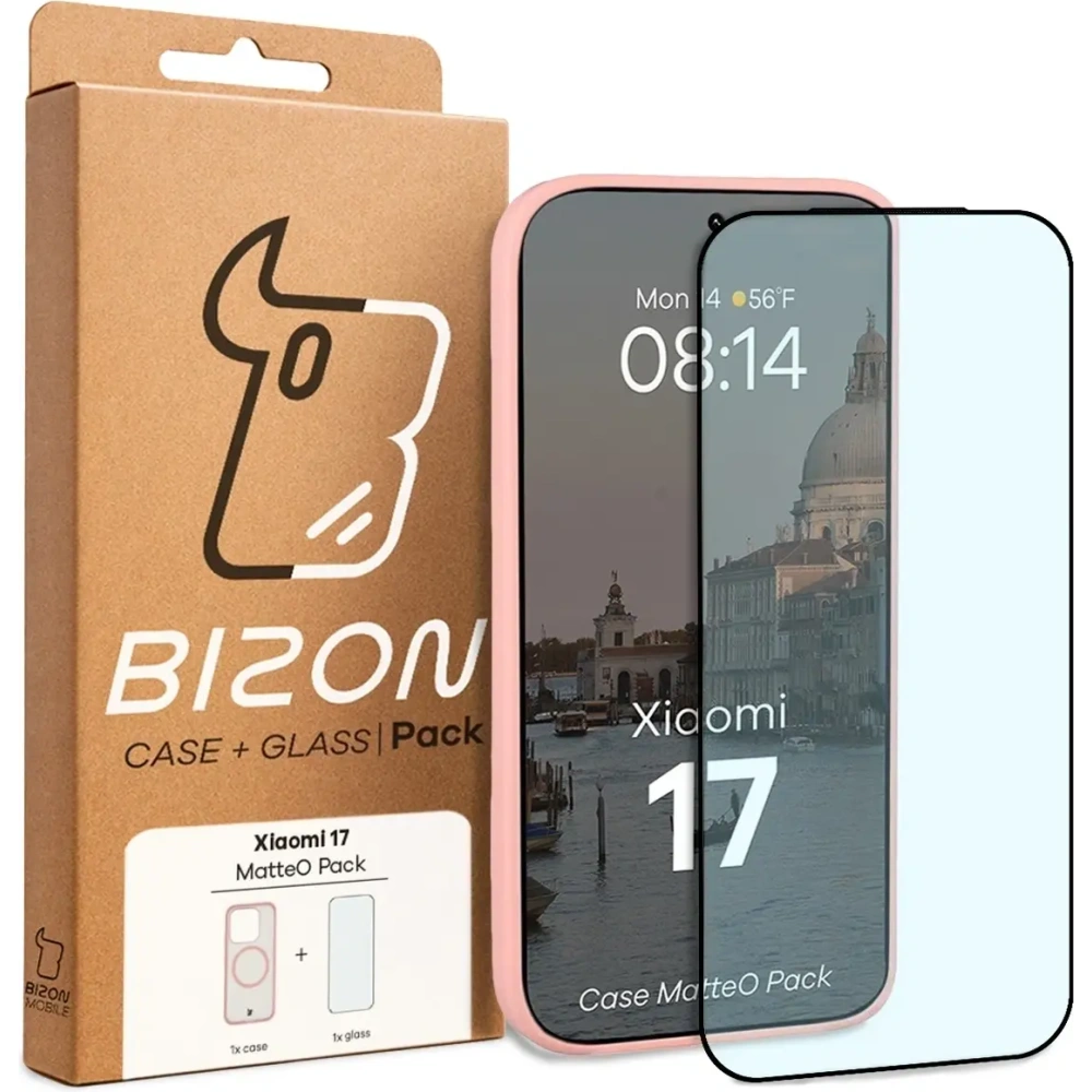 Etui z pierścieniem magnetycznym + szkło hartowane Bizon MatteO Pack do Xiaomi 17, przydymione-jasnoróżowe