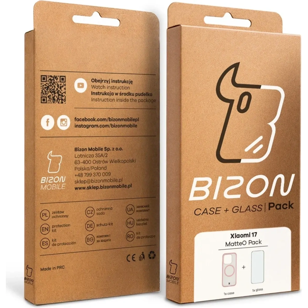 Etui z pierścieniem magnetycznym + szkło hartowane Bizon MatteO Pack do Xiaomi 17, przydymione-jasnoróżowe