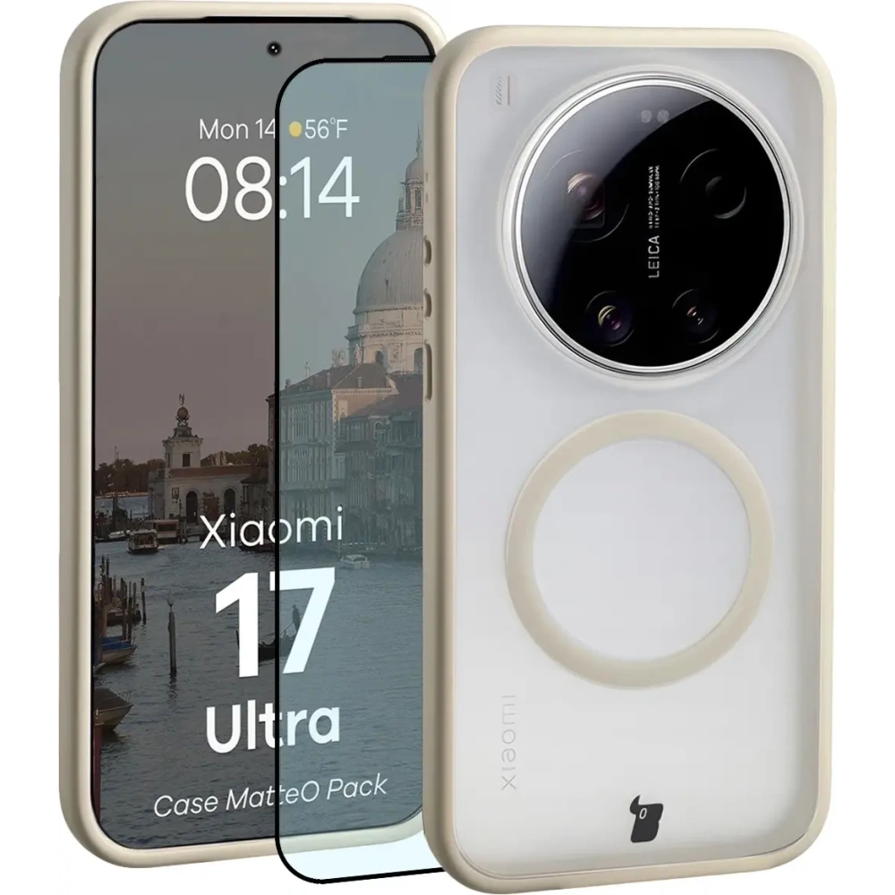 Etui z pierścieniem magnetycznym + szkło hartowane Bizon MatteO Pack do Xiaomi 17 Ultra, przydymione-beżowe