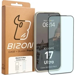 Etui z pierścieniem magnetycznym + szkło hartowane Bizon MatteO Pack do Xiaomi 17 Ultra, przydymione-beżowe