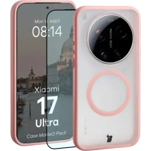 Etui z pierścieniem magnetycznym + szkło hartowane Bizon MatteO Pack do Xiaomi 17 Ultra, przydymione-jasnoróżowe
