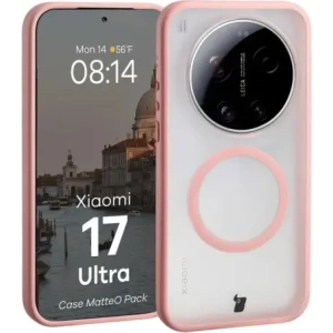 Etui z pierścieniem magnetycznym + szkło hartowane Bizon MatteO Pack do Xiaomi 17 Ultra, przydymione-jasnoróżowe