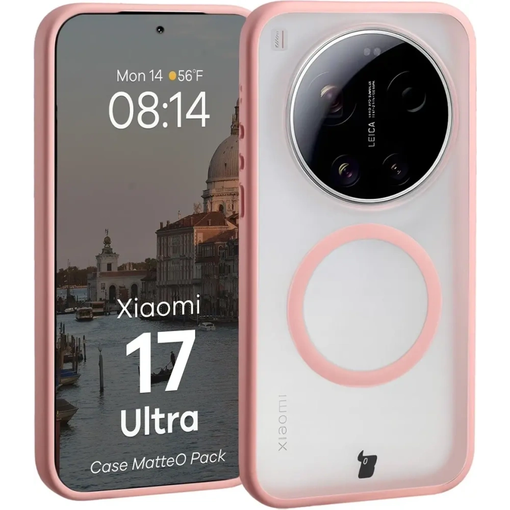 Etui z pierścieniem magnetycznym + szkło hartowane Bizon MatteO Pack do Xiaomi 17 Ultra, przydymione-jasnoróżowe