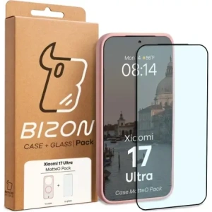 Etui z pierścieniem magnetycznym + szkło hartowane Bizon MatteO Pack do Xiaomi 17 Ultra, przydymione-jasnoróżowe