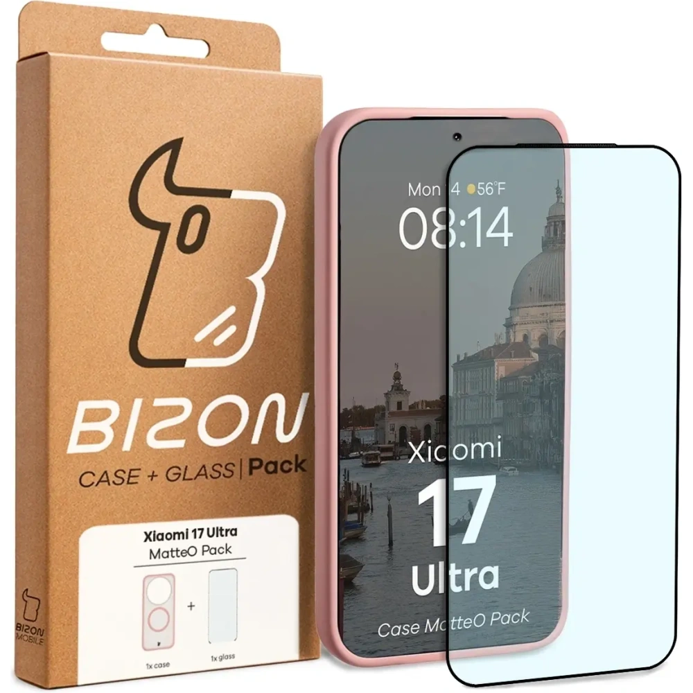 Etui z pierścieniem magnetycznym + szkło hartowane Bizon MatteO Pack do Xiaomi 17 Ultra, przydymione-jasnoróżowe