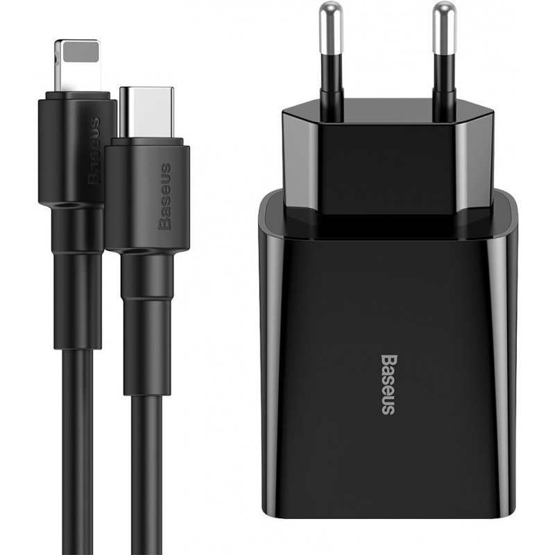 Baseus Distributor - 6953156222281 - BSU1732BLK - Baseus Charger USB Type C Power Delivery 18 W 3 A + USB Type C Cable - Lightning 2,4 A 1 m Black 5pcs - B2B homescreen