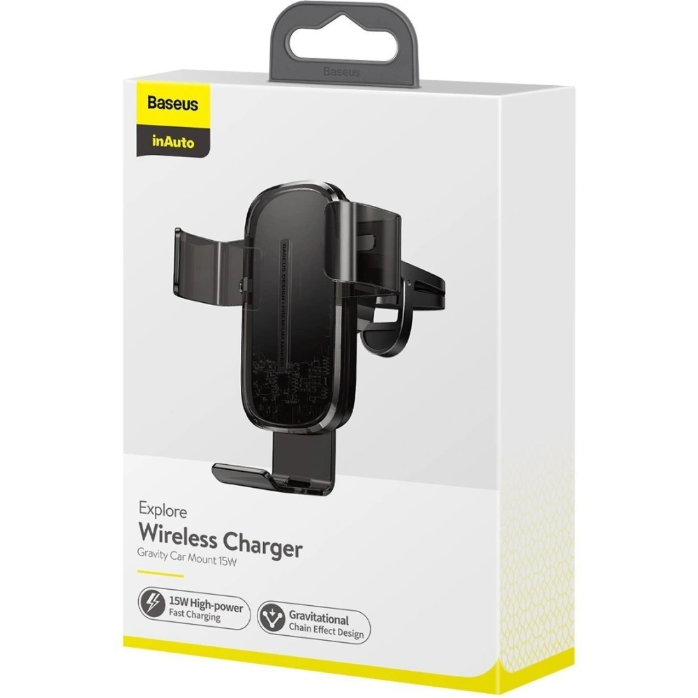 Wholesale Baseus Explore Gravity Car Mount with Wireless Charger 15W (black) - BSU1734BLK - {ean13} - Hurt