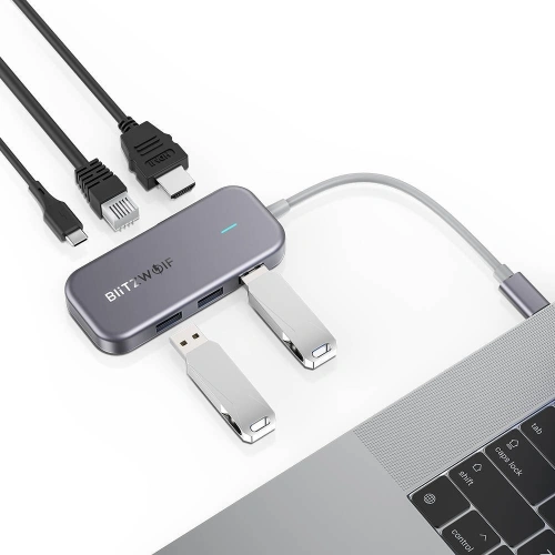 Adapter 6w1 Blitzwolf BW-TH10 Hub USB-C do 3xUSB 3.0, HDMI, RJ45, AUX, USB-C PD 3.0 100W
