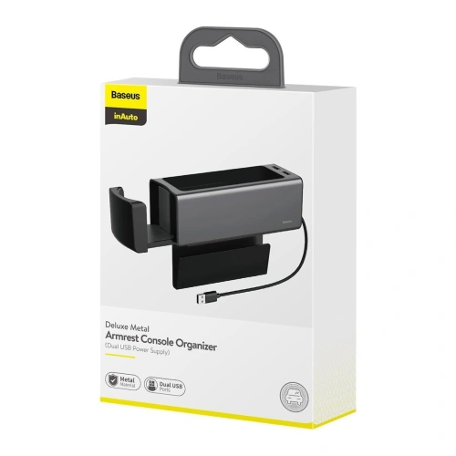 Baseus Deluxe Metalowy organizer samochodowy z uchwytem na kubek, 2x ładowanie USB (czarny)