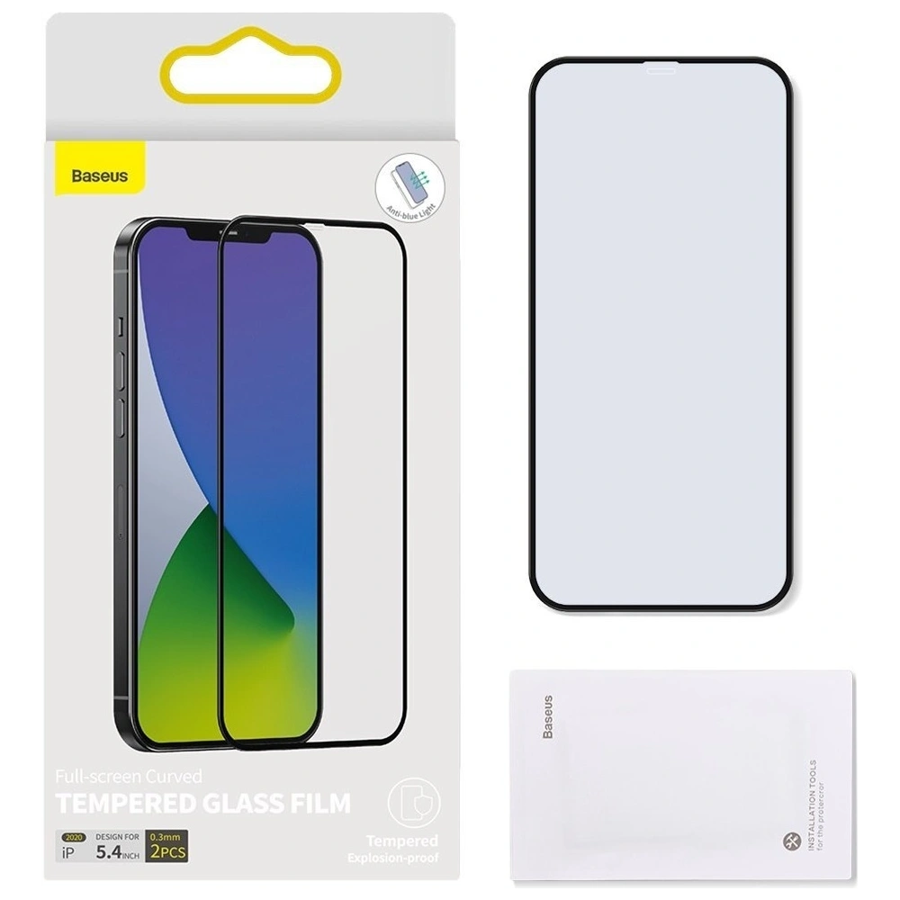 Wholesale Tempered glass 0.3mm with blue light filter Baseus Apple iPhone 12 mini (2pcs) black - BSU1842 - {ean13} - Hurt