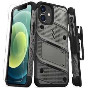 Hurtownia GSM - Pancerne etui Zizo Bolt Cover Apple iPhone 12 mini ze szkłem 9H na ekran + podstawka & uchwyt do paska (szary) - ZIZ047GRY - {ean13} - Hurt