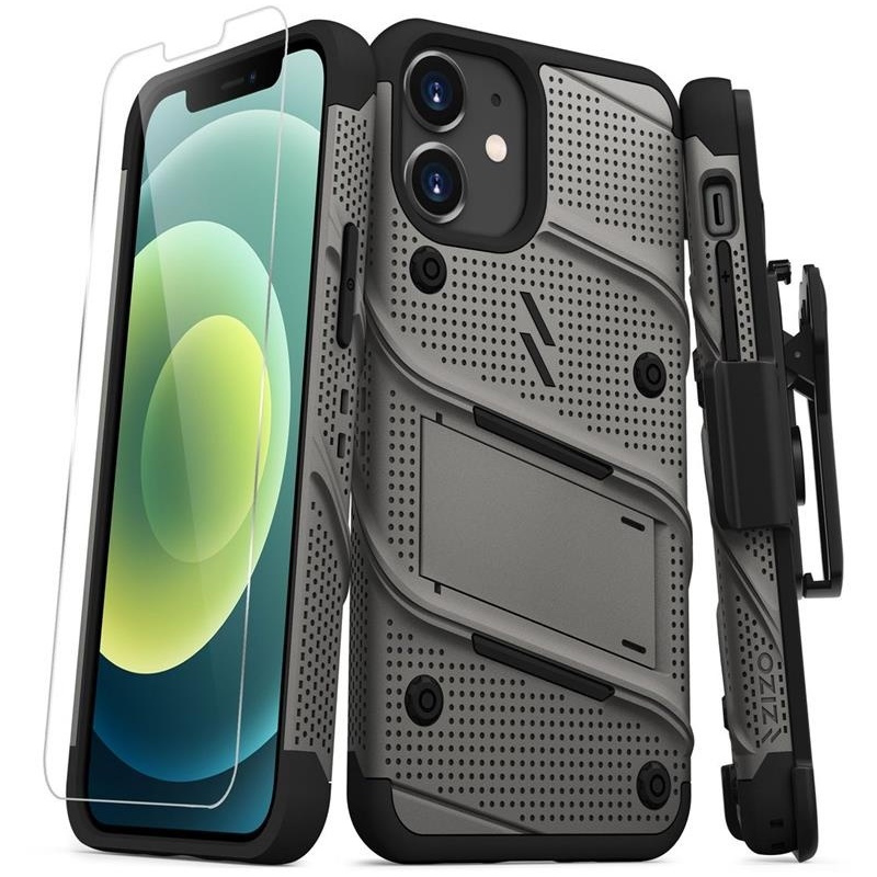 Zizo Distributor - 888488329673 - ZIZ047GRY - Zizo Bolt Cover - Case for iPhone 12 Mini with Military Grade + Glass Screen Protector & Kickstand and Holster (Gray) - B2B homescreen
