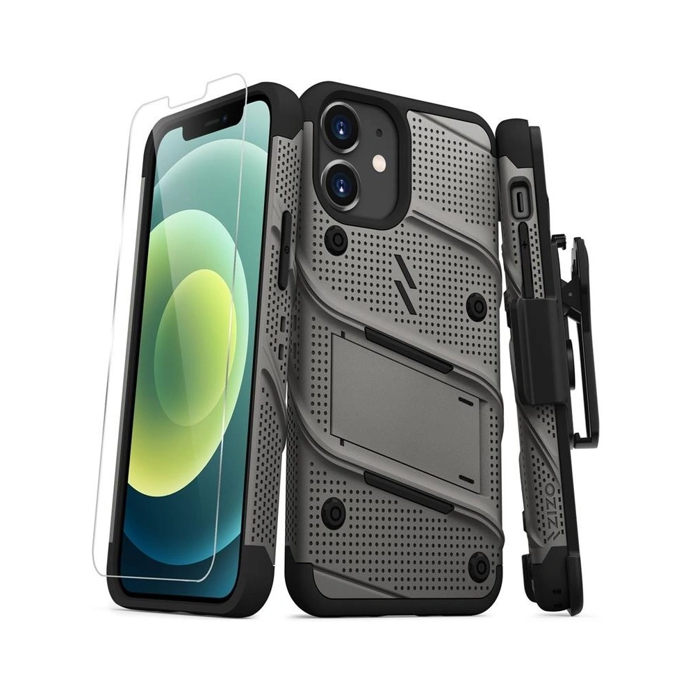 Hurtownia GSM - Panzergelände Zizo Bolt Cover Apple iPhone 12 mini mit 9H Glas für den Bildschirm + Ständer & Gürtelclip (grau) - ZIZ047GRY - {ean13} - Hurt