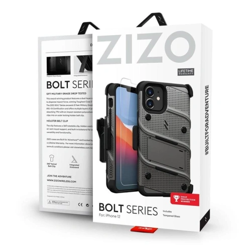 Pancerne etui Zizo Bolt Cover Apple iPhone 12 mini ze szkłem 9H na ekran + podstawka & uchwyt do paska (szary)