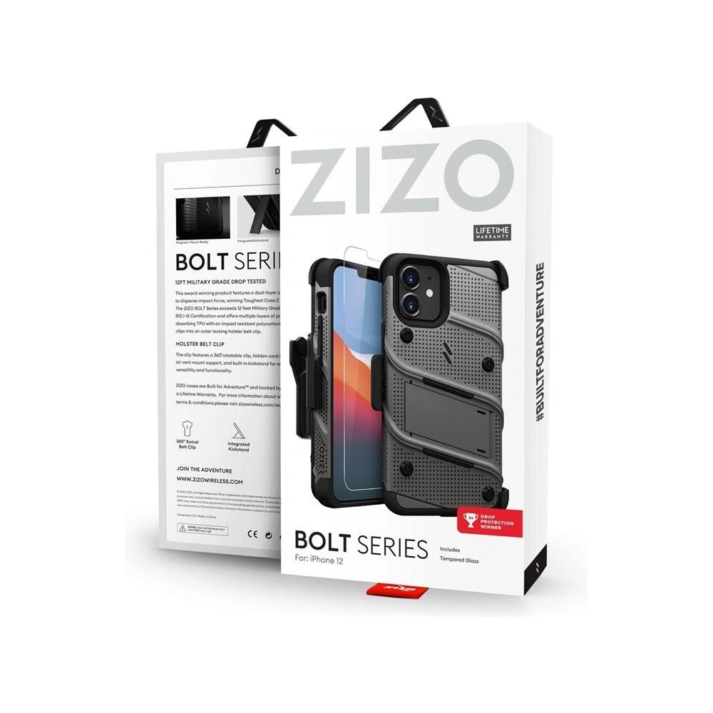 Hurtownia GSM - Panzergelände Zizo Bolt Cover Apple iPhone 12 mini mit 9H Glas für den Bildschirm + Ständer & Gürtelclip (grau) - ZIZ047GRY - {ean13} - Hurt