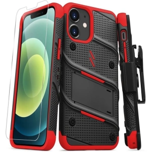 Hurtownia GSM - Pancerne etui Zizo Bolt Cover Apple iPhone 12 mini ze szkłem 9H na ekran + podstawka & uchwyt do paska (czarny/czerwony) - ZIZ048BLKRED - {ean13} - Hurt