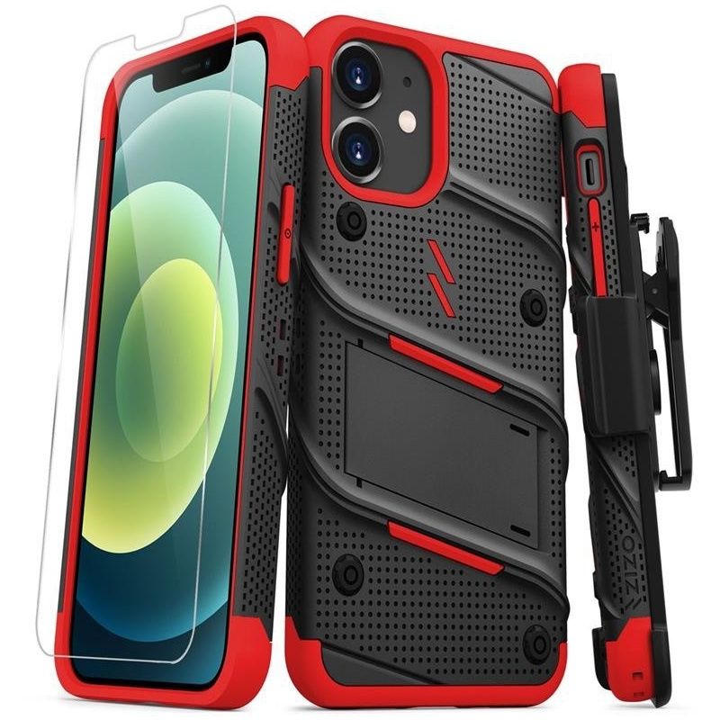 Zizo Distributor - 888488329697 - ZIZ048BLKRED - Zizo Bolt Cover - Case for iPhone 12 Mini with Military Grade + Glass Screen Protector & Kickstand and Holster (Black/Red) - B2B homescreen
