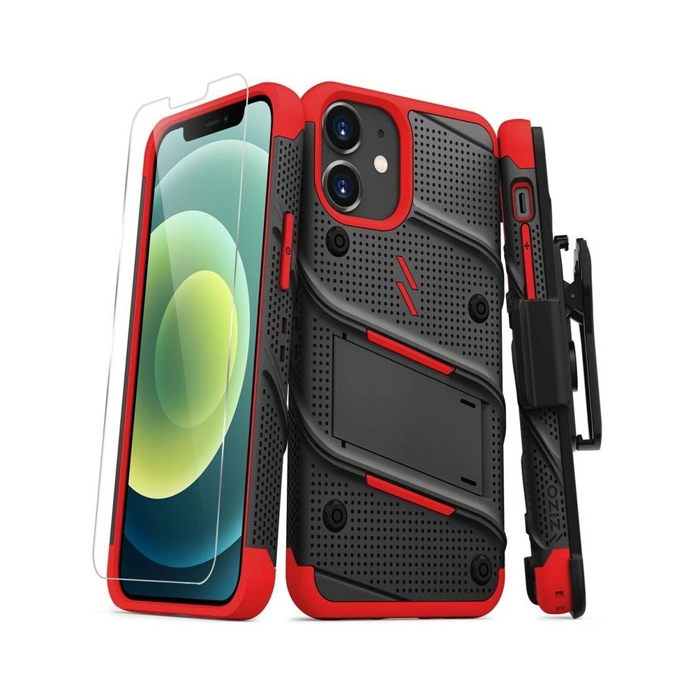 Hurtownia GSM - Pancerne etui Zizo Bolt Cover Apple iPhone 12 mini ze szkłem 9H na ekran + podstawka & uchwyt do paska (czarny/czerwony) - ZIZ048BLKRED - {ean13} - Hurt