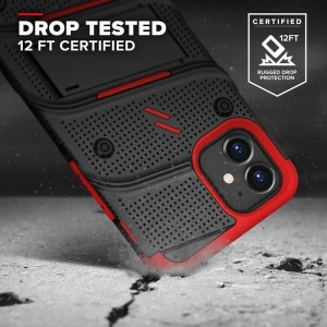 Hurtownia GSM - Pancerne etui Zizo Bolt Cover Apple iPhone 12 mini ze szkłem 9H na ekran + podstawka & uchwyt do paska (czarny/czerwony) - ZIZ048BLKRED - {ean13} - Hurt