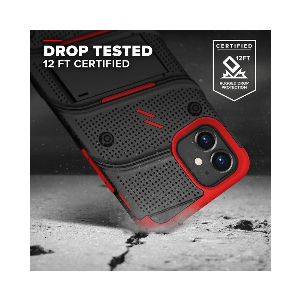 Hurtownia GSM - Pancerne etui Zizo Bolt Cover Apple iPhone 12 mini ze szkłem 9H na ekran + podstawka & uchwyt do paska (czarny/czerwony) - ZIZ048BLKRED - {ean13} - Hurt