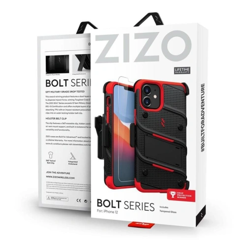 Pancerne etui Zizo Bolt Cover Apple iPhone 12 mini ze szkłem 9H na ekran + podstawka & uchwyt do paska (czarny/czerwony)