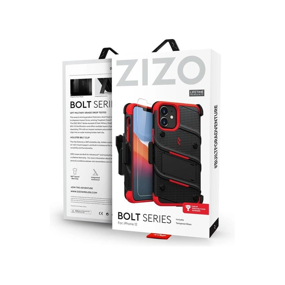 Hurtownia GSM - Pancerne etui Zizo Bolt Cover Apple iPhone 12 mini ze szkłem 9H na ekran + podstawka & uchwyt do paska (czarny/czerwony) - ZIZ048BLKRED - {ean13} - Hurt
