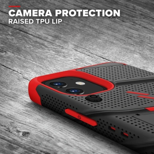 Pancerne etui Zizo Bolt Cover Apple iPhone 12 mini ze szkłem 9H na ekran + podstawka & uchwyt do paska (czarny/czerwony)