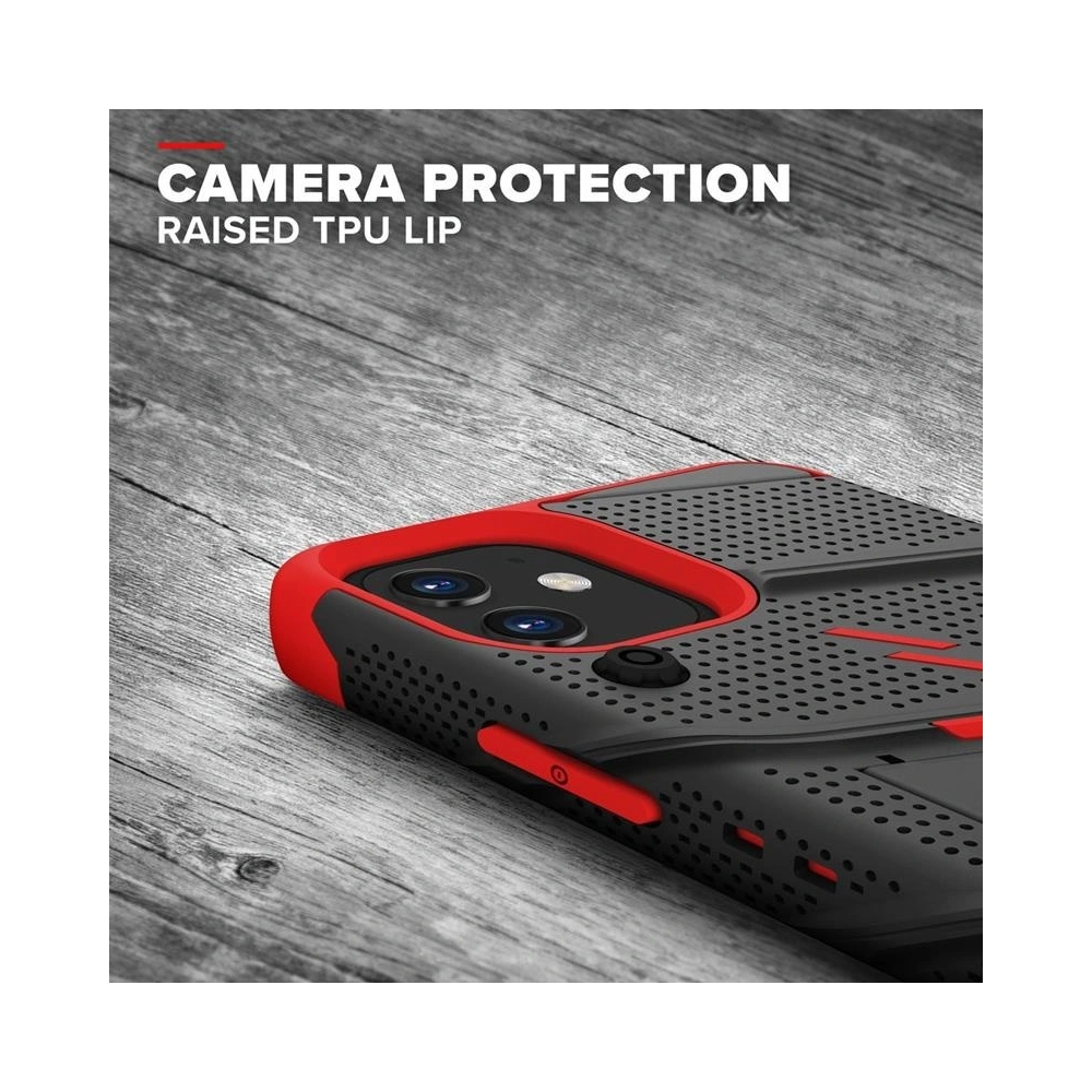 Hurtownia GSM - Pancerne etui Zizo Bolt Cover Apple iPhone 12 mini ze szkłem 9H na ekran + podstawka & uchwyt do paska (czarny/czerwony) - ZIZ048BLKRED - {ean13} - Hurt