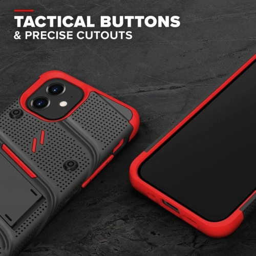 Pancerne etui Zizo Bolt Cover Apple iPhone 12 mini ze szkłem 9H na ekran + podstawka & uchwyt do paska (czarny/czerwony)