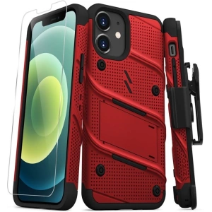 Hurtownia GSM - Pancerne etui Zizo Bolt Cover Apple iPhone 12 mini ze szkłem 9H na ekran + podstawka & uchwyt do paska (czerwony/czarny) - ZIZ049REDBLK - {ean13} - Hurt