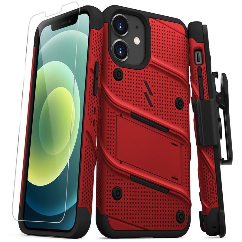 Zizo Distributor - 888488329666 - ZIZ049REDBLK - Zizo Bolt Cover - Case for iPhone 12 Mini with Military Grade + Glass Screen Protector & Kickstand and Holster (Red/Black) - B2B homescreen