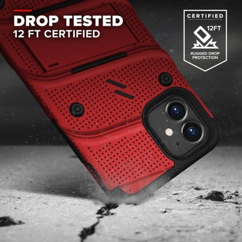 Pancerne etui Zizo Bolt Cover Apple iPhone 12 mini ze szkłem 9H na ekran + podstawka & uchwyt do paska (czerwony/czarny)