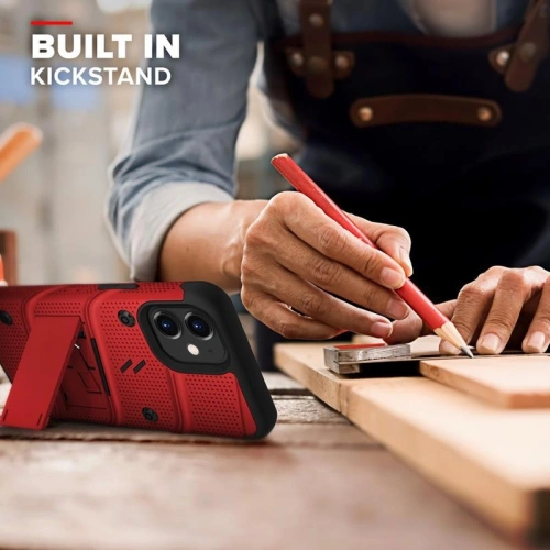 Pancerne etui Zizo Bolt Cover Apple iPhone 12 mini ze szkłem 9H na ekran + podstawka & uchwyt do paska (czerwony/czarny)