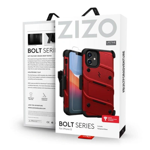 Pancerne etui Zizo Bolt Cover Apple iPhone 12 mini ze szkłem 9H na ekran + podstawka & uchwyt do paska (czerwony/czarny)