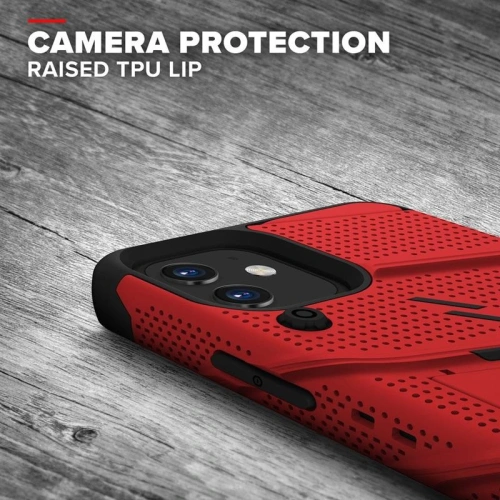 Pancerne etui Zizo Bolt Cover Apple iPhone 12 mini ze szkłem 9H na ekran + podstawka & uchwyt do paska (czerwony/czarny)