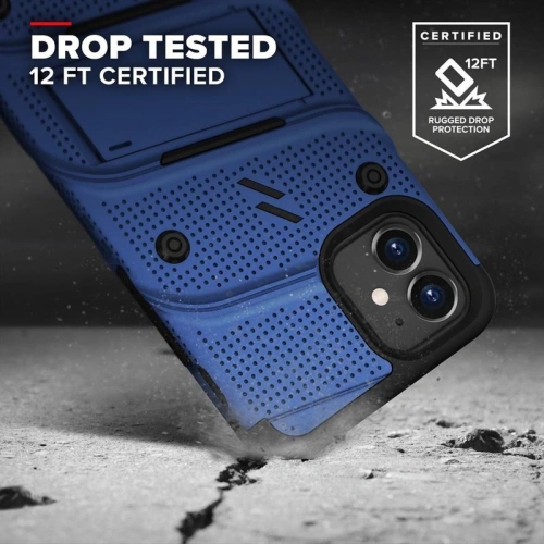 Pancerne etui Zizo Bolt Cover Apple iPhone 12 mini ze szkłem 9H na ekran + podstawka & uchwyt do paska (niebieski/czarny)