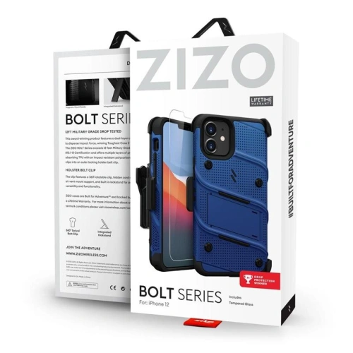 Pancerne etui Zizo Bolt Cover Apple iPhone 12 mini ze szkłem 9H na ekran + podstawka & uchwyt do paska (niebieski/czarny)