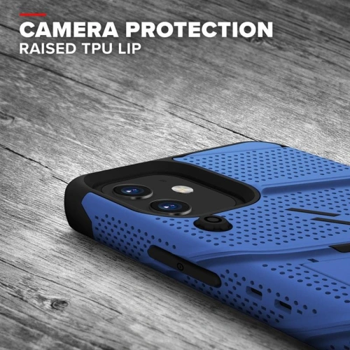 Pancerne etui Zizo Bolt Cover Apple iPhone 12 mini ze szkłem 9H na ekran + podstawka & uchwyt do paska (niebieski/czarny)